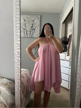 Bubblegum Pink Halter Open Back High Low Mini Dress S Small M Medium